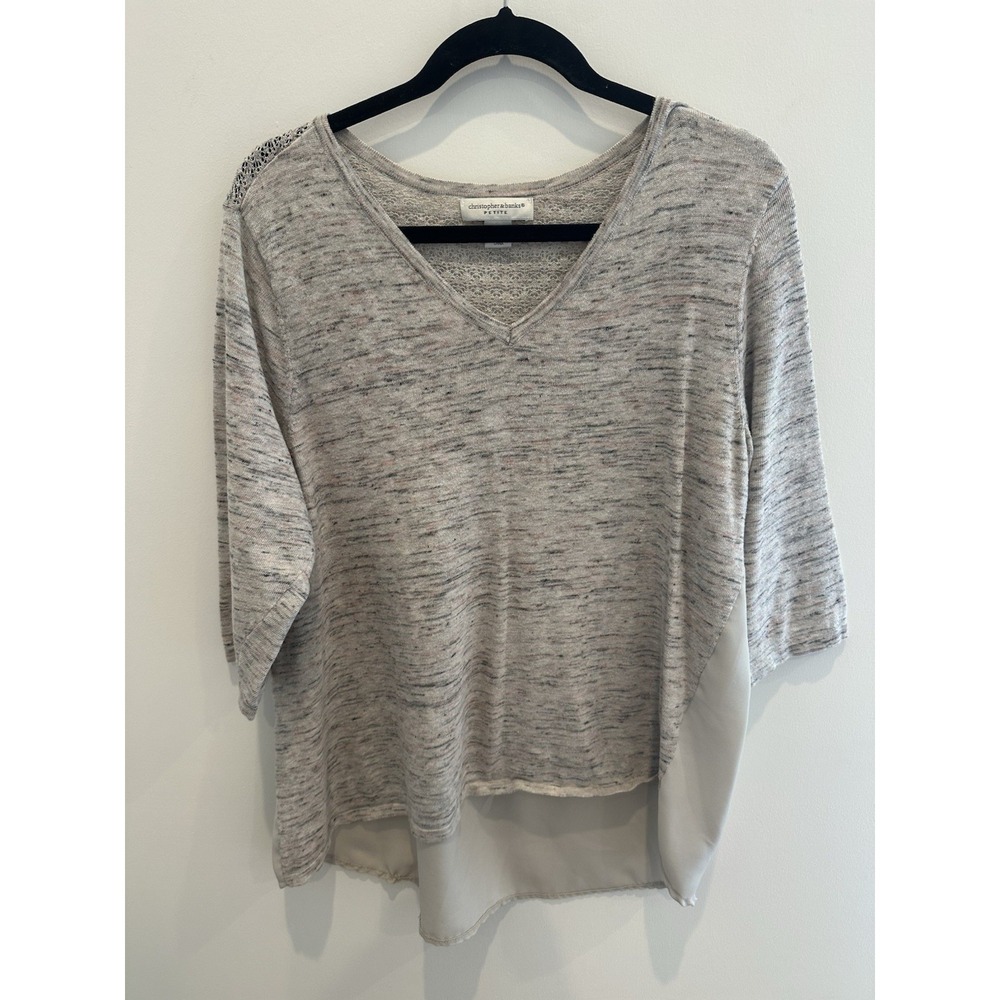 Christopher & Banks Petite XL Gray Space Dye Mixed Media V-Neck Top 3/4 Sleeve